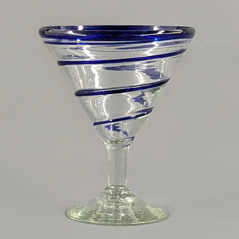 Hand Blown Margarita Glass Cobalt Blue Spiral Wrap Mexican Glassware 6in